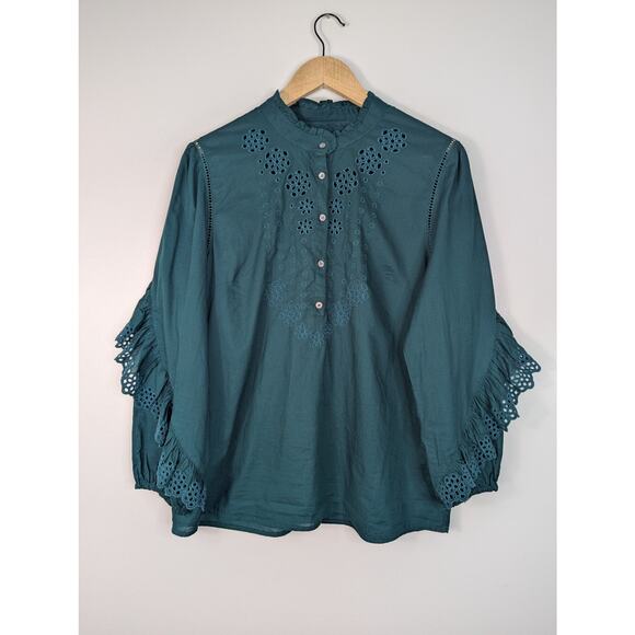 J.Crew Green Embroidered Eyelet Ruffle Sleeve Blouse - Picture 2 of 6